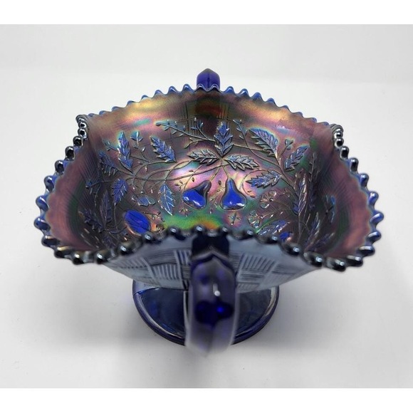 Northwood Cobalt Blue Fruits & Flowers Carnival Glass Handled Bonbon Dish - Picture 5 of 11